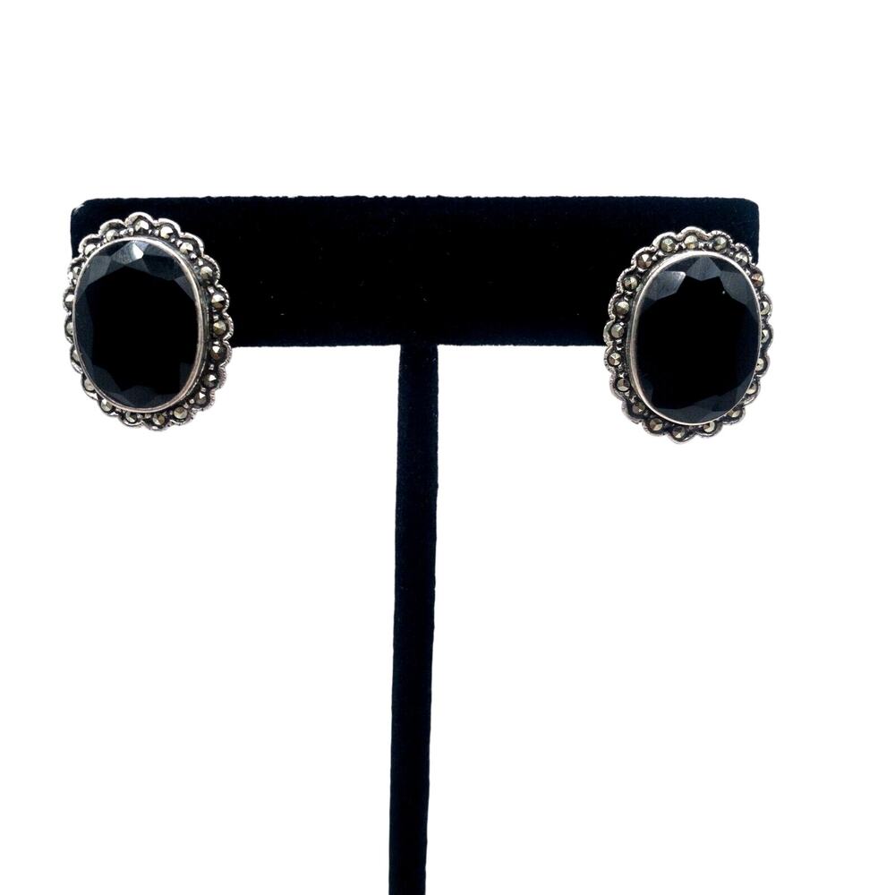Vintage 925 Sterling Silver Black Onyx Stud Earrings Oval ¾”